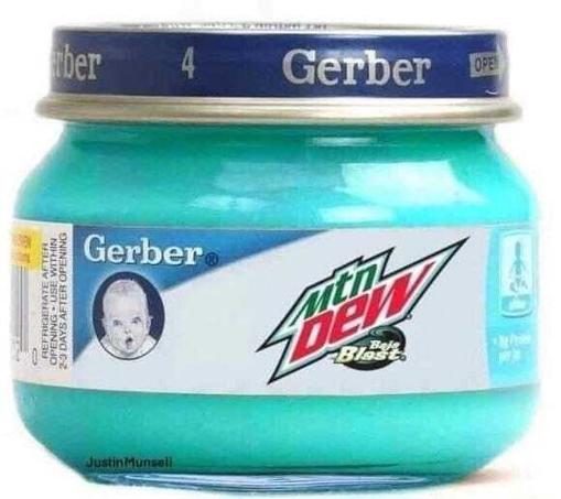 Botecito de Gerber color verde insalubre con sabor Mountain Dew