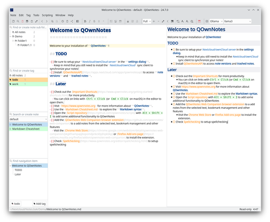 🇫🇷 
#QOwnNotes
 
Prise de notes en Markdown dans des fichiers en texte brut, open source et gratuite, avec intégration Nextcloud/ownCloud.

https://www.qownnotes.org/fr/

QOwnNotesAPI est l'API Nextcloud/ownCloud pour QOwnNotes, le bloc-notes open source pour Linux, macOS et Windows, qui fonctionne avec l'application de notes de Nextcloud/ownCloud.

https://apps.nextcloud.com/apps/qownnotesapi

Extension de navigateur QOwnNotes Web Companion pour ajouter des notes à partir du texte sélectionné et d'autres fonctionnalités. 

https://www.qownnotes.org/fr/getting-started/browser-extension.html

🇬🇧 
#QOwnNotes

Free open source plain-text file markdown note-taking with Nextcloud/ownCloud integration.

https://www.qownnotes.org/

QOwnNotesAPI is the Nextcloud/ownCloud API for QOwnNotes, the open source notepad for Linux, macOS and Windows, that works together with the notes application of Nextcloud/ownCloud.

https://apps.nextcloud.com/apps/qownnotesapi

QOwnNotes Web Companion browser extension to a add notes from the selected text and other features 

https://www.qownnotes.org/getting-started/browser-extension.html

#QOwnNotes #QOwnNotesAPI #Nextcloud #Opensource #Linux