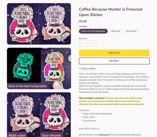 Coffee because murder is frowned upon stickers, with a text in yellow in the middle of the page: Want multiple variations? Choose your main one, add as many stickers as you need, and manually tell me in the comment at checkout the other ones you want (after you input your address).