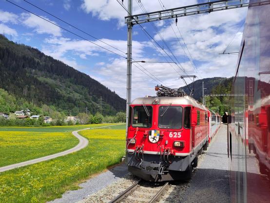 Foto. Zwei rote Züge im Bahnhof.