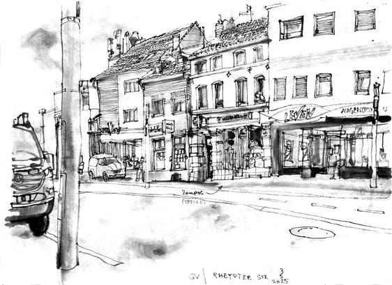 Ink drawing of a street, two to three store houses on the opposite side, two cars, a woman viewing out of a window, signs of shops and restaurants.
