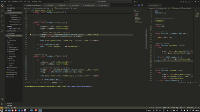 A imagem mostra uma tela de um editor de código, provavelmente um IDE (Integrated Development Environment), com um esquema de cores escuro. No centro da tela, há um arquivo PHP aberto, que parece ser parte de um projeto web. O código está estruturado em classes e funções, com destaque para a classe TemplateController. A função index() é visível, que parece ser responsável por renderizar um template chamado index.twig com contexto de usuário. A função hello() também está presente, sugerindo uma funcionalidade de saudação.

No lado esquerdo, há uma barra lateral com uma lista de arquivos, incluindo index.php, hello.twig, e Database.php. No lado direito, há uma janela de detalhes do arquivo Database.php, mostrando a classe Database e suas funções, como queryDetail() e saveDetail(). Essas funções parecem lidar com consultas e operações de banco de dados.

A barra de status na parte inferior da tela mostra informações como o nome do usuário, a versão do sistema operacional, a temperatura e a data e hora. O sistema operacional parece ser Linux, com o terminal aberto na barra de tarefas. O editor de código está aberto em uma janela maximizada, com várias abas e ferramentas visíveis, indicando um ambiente de desenvolvimento ativo.
