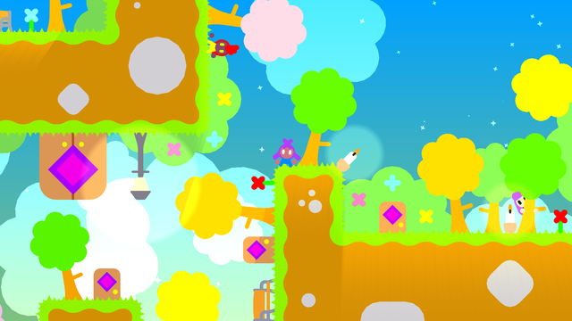 🕶️ A view of its UI with its protagonist, but also now with other characters populating its world. The world is composed of platforms dressed by a nature that adapts to its gravity: you move horizontally, but even the sides and the bottom are dressed with accessories and trees, and the whole thing tilts (but not systematically, which is sometimes confusing, because in this case you fall into the void).

📚️ ROTA is a libre & multi-platform gravity bending puzzle platformer, in an open world. The player moves freely from one level to another via doors. Some of them can only be unlocked by collecting one of the 50 gems disseminated on the way. In order to progress, the player must assimilate and use the mechanisms that govern the world of ROTA - in particular the automatic rotation - or not (in which case it is the fall/death or the impossibility of progressing in a direction) when he approaches the edge of a platform. On some levels, gravity blocks can be moved to help the player progress (overcoming obstacles).