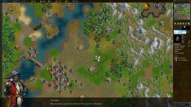 🕶️ A bird's-eye view of a plain where the countryside blends harmoniously with the winding river, bordered to the east by mountain ranges leaving a passageway to the south-east for an army of invaders coming to attack Wesnoth castle located to the south of the plain. One of the protagonists defending the castle exclaims ‘Wha- How did so many of them flank us? We're cut off from Wesnoth!

📚️ The Battle for Wesnoth is a libre, multi-platform, single-player (AI) / multi-player (up to 8 in LAN / online) turn-based tactical strategy game with a high fantasy theme, in which the player recruits his troops to face powerful enemies, all in a very neat scenario. It is a mature game (nearly 20 years of development), very complete and of very high quality, offering several soundtracks, more than 200 types of finely detailed units, 16 races, 6 major factions, many campaigns and maps to download from the interface, and an editor.