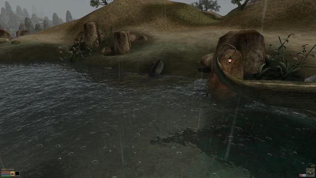 🕶️ An FPS view of rain ripples on a stretch of water near a shoreline.

📚️ The Elder Scrolls III: Morrowind is an open-world action RPG game, in which the player performs various quests proposed by NPCs in the eponymous country (and more precisely on the 24 km² Vvardenfell island) and is brought to meet many creatures. OpenMW is a libre, multi-platform and mature single player engine, compatible with its data, in order to extend its possibilities (multi-platform, recent hardware support, better graphics, physics, ...) and to make it possible to modify / add additional content (official or not).