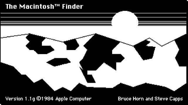Very early System 1.1 and Finder v1.1g “about” screen, recreated as a pixel-perfect vector drawing.