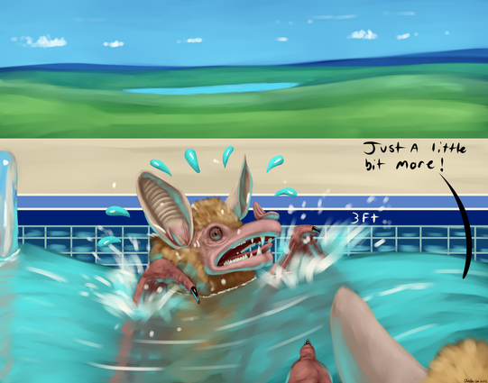 A scene of a swimming pool in the middle of a grassy landscape. A lake can be seen in the distance with fading hills on the horizon. A few clouds float about in the blue sky. Down in the swimming pool by the 3ft marker is a spectral bat. They are neck deep in the water with quite a panic look on their face. their arms splashing water everywhere in their panic. Many sweat drop emojis can be seen floating around the panicked bat's head.  In the foreground the ear, head, and one arm of another bat can be seen. They say, "Just a little bit more!" to the other bat in encouragement as the bat goes through their swim lesson.