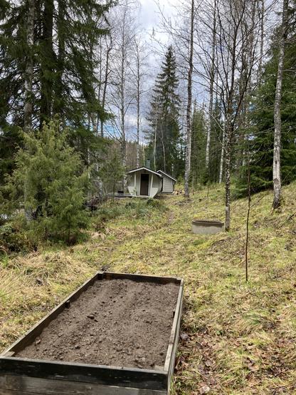 Outdoor view of a wooden planting box freshly filled with earth. Beyond, a small barrel-shaped sauna, with a woodshed behind.