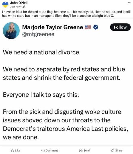 Marjorie Taylor Greene X post with comment about Confederate flag.