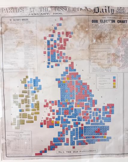 A cartogram of the composition of the parliament of the United Kingdom of Great Britain and Ireland prior to the 1906 General Election ("the administration of Mr Balfour").

Each constituency is shown as a square of constant size roughly located in a geographically accurate position so that the end result is a recognisable map of Britain and Ireland.. Squares are coloured according to political party (e.g., blue for Conservative, red, apparently, for the Liberals).

Great Britain is predominantly blue hued, as is what is now Northern Ireland. Most of Ireland returned Irish Nationalosts, shown with a greenish colour.