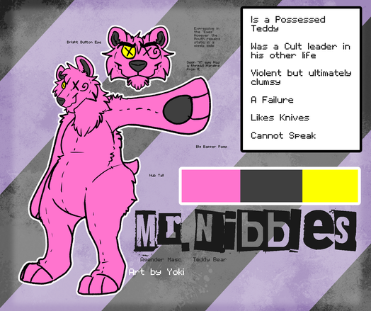 A rather Chonky pink teddybears refsheet.  He has large bapper paws and a nub tail.