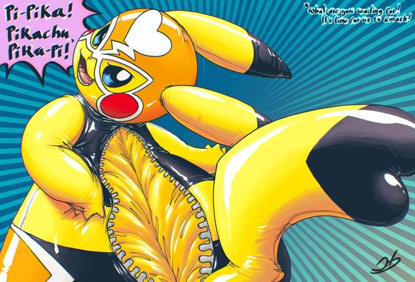 Pikachu Libre looking back, enticing you to get inside her soft smooth inflated rubbery inside and have that zipper close up.~