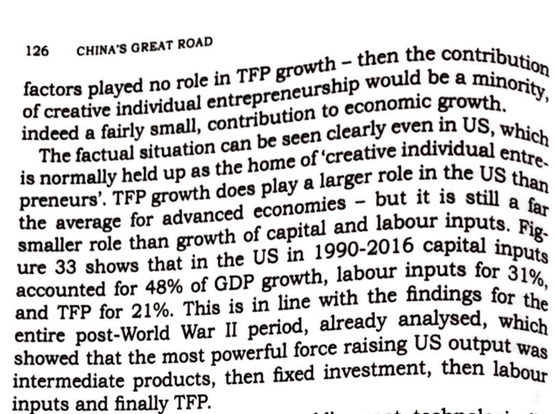 factors played no role in TFP growth - then the contribution of creative individual entrepreneurship would be a minority, indeed a fairly small, contribution to economic growth. The factual situation can be seen clearly even in US, which is normally held up as the home of 'creative individual entre- preneurs'. TFP growth does play a larger role in the US than the average for advanced economies - but it is still a far smaller role than growth of capital and labour inputs. Figure 33 shows that in the US in 1990-2016 capital inputs accounted for 48% of GDP growth, labour inputs for 31%, and TFP for 21%. This is in line with the findings for the entire post-World War II period, already analysed, which showed that the most powerful force raising US output was intermediate products, then fixed investment, then labour inputs and finally TFP.