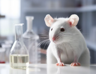 a rat is positioned next to test tubes like he is a scientist