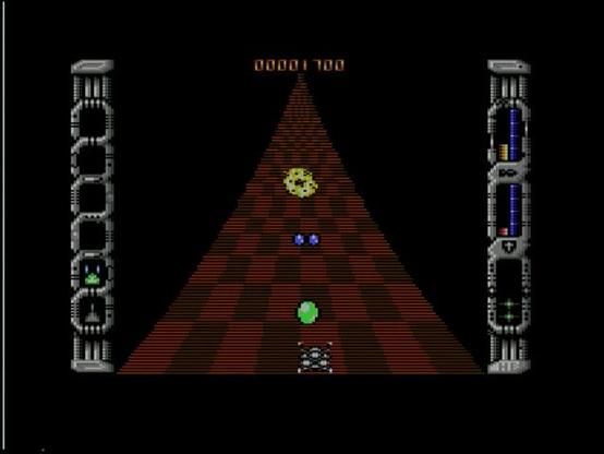 In-game screenshot of the the Hewson game "Eleminator" - the player ship (seen from behind in a pseudo 3D view) follows along a reddish chequerd path, this time going straight ahead. The player ship has been firing blue double bullets, hitting an enemy which explodes in a yellow and red fireball.