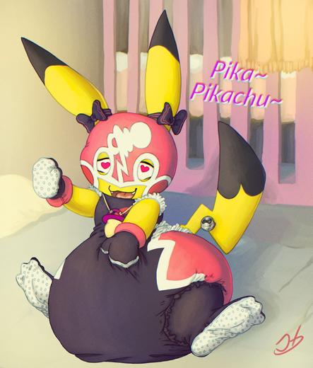 The former fighter having lost, becoming another good sissy Pikachu Libre for her mommy.~ Pink with bows, mittens and anti slip soles for when some grippy is needed. Of course in a big poofy crinkly diaper and a pacifier for when she babbles just a bit too much. Such a good girl.~