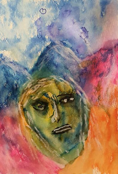 Painting of an abstract face in green blue pink and orange with waves in the background