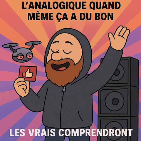 Illustration en style cartoon. Bernard, en hoodie avec une grosse barbe, danse en transe devant une tour d’enceintes multicolores. Son drone flotte à côté de lui, les yeux mi-clos comme s’il était lui aussi "ailleurs". Une bannière proclame : « L’analogique quand même ça a du bon ». En bas, un clin d’œil : « Les vrais comprendront ». Ambiance technival douce et nostalgique, entre fête pirate et hétérotopie rave.