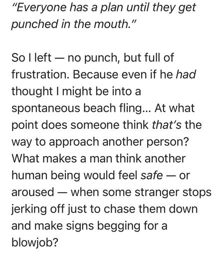 "Everyone has a plan until they get punched in the mouth." So I left - no punch, but full of frustration. Because even if he had thought I might be into a spontaneous beach fling... At what point does someone think that's the way to approach another person? What makes a man think another human being would feel safe - or aroused - when some stranger stops jerking off just to chase them down and make signs begging for a blowjob?