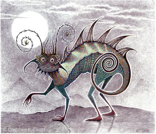 A startled looking creature stares with alarm at the viewer, frozen in place. Drawn in pencil with purple, green and bits of other colors. Behind its head, a white circle of moon. NOTE: This description is created especially for my lovely blind friend, Georgiana. :-)