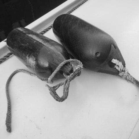 Two black, plastic fenders on a boat roof. Each fender has a short length of rope attached to the built-in ring at the top.