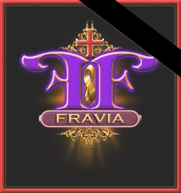 A logo holding the letter F and its mirrored version back-to-back, a cross, and a golden moebius ring tracing the infinite 8 symbol at the center. A black mourning band crosses the logo diagonally in the upper-right corner.