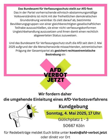 Sharepic zur Demo. Kurzfassung: nach der Einstufung als gesichtert rechtsextrem sollte die AfD verboten werden. Demo am 04.05.2025 um 17 Uhr vor der AfD-Parteizentrale, Gülichplatz 1-3 in Köln. Redebeiträge vor Ort oder an koeln@AfD-verbot.jetzt