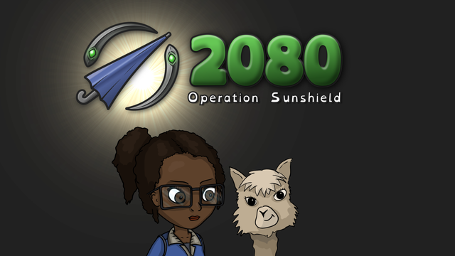 The title image of the game’s pitch:
A blue umbrella, held by two metallic clamps. The title is “2080 Operation Sunshield”. Below the title there is a woman wearing glasses and the head of a smiling alpaca.