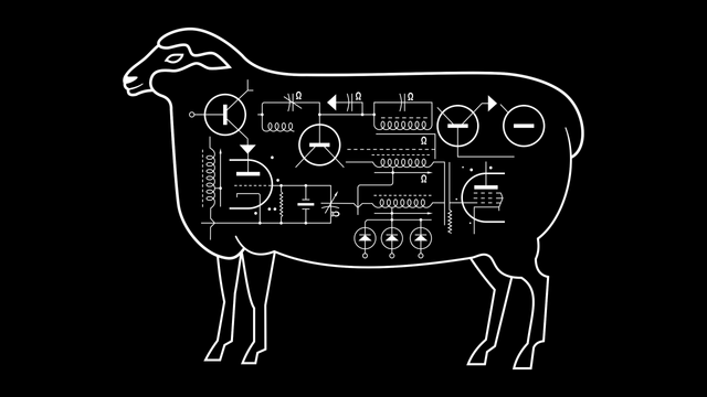 A line illustration of an Electric Sheep from the 1968 cover of Do Androids Dream of Electric Sheep by Philip K. Dick - The sheep is an outline. Inside the lines are technical looking electronic symbols - they are a nonsense circuit purely artistic in nature.