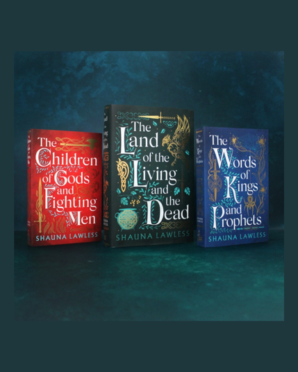 Trilogy of books by Shauna Lawless – “The Children of Gods and Fighting Men” with a red cover, “The Land of the Living and the Dead”, with a dark green cover, and “The Words of Kings and Prophets” with a blue cover.