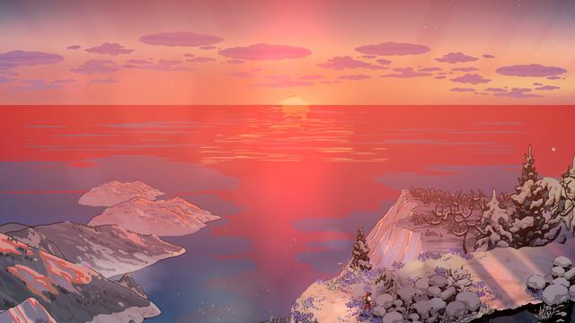 Screenshot from the video game Hades: A snow-covered landscape with tres and rocks next to a wide ocean, red from the sun setting on the horizon.