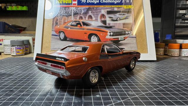 Finished Dodge 1970s Challenger T/A in front of the box art.