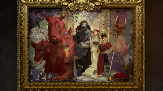 Screenshot from the video game Hades: A painting in a golden frame with skulls, depicting a huge red hound with three heads next to a man with dark hair and a long beard, wearing black robes and a fire-coloured wreath on his head. His arm is linked with that of a woman in a white dress with blond hair and a red flower crown. In front of her is a young man with spiky black hair and a fire-coloured wreath on his head. He is wearing long sleeveless robes and a red sash across his shoulder, and holding a huge spear with two red forks and golden ornaments on it. In the background  there is a set of white columns with skulls carved into them. Little flowers are flying through the air.
