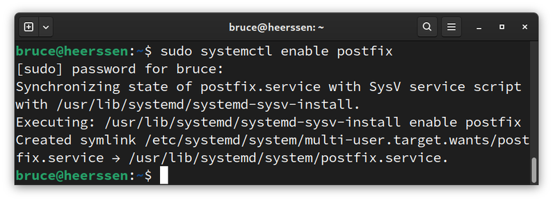 A screenshot of a Linux terminal emulator in which the user enables the postfix daemon.