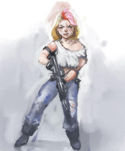 Digital painting of punk girl with crop top and torn jeans, holding assault rifle