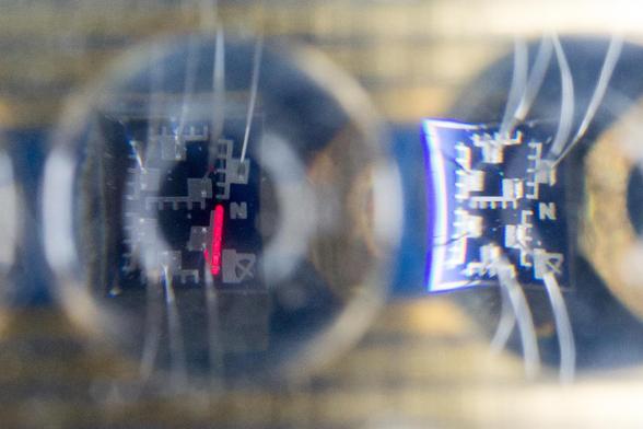 Microscope view of two silicon dies, quite distorted due to the "bubble" lens on top of it. Each die has 7 fork-like pads made of a silver-colored metal, which form the elements of the 7-segment display. The fork side of the pad has 5 prongs, with the gaps slightly wider than deep. On the bottom right segment of the die on the left, there's a vertical, glowing red line,  which appears to be located under the prongs, extending a bit past the outer-most prongs.