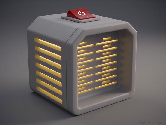grey plastic box with lit grills and a big red switch on top
