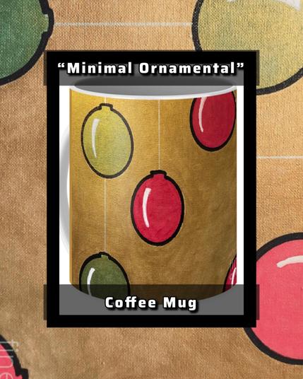 Red and green bulbs radiate before a golden background. On a coffee mug.