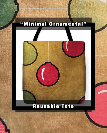 Red and green bulbs radiate before a golden background. On a reusable tote.