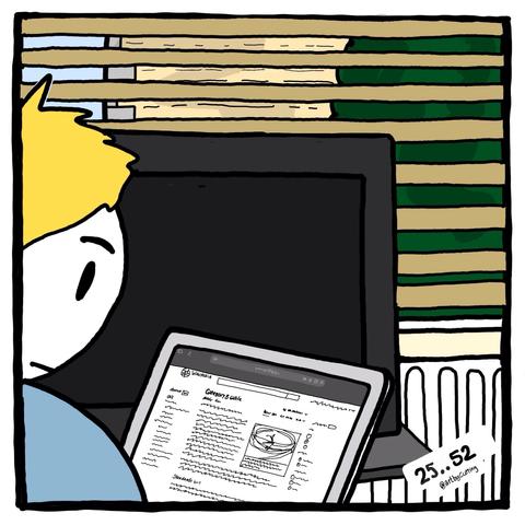 Pictured sitting looking at laptop at wiki page for network cables. In the background through wooden blinds house opposite and garden bush.