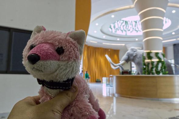 A person is holding a pink and white stuffed animal fox in the foreground. In the background, a large sculpture of a mammoth stands in a modern building lobby. The lobby has a curved wooden wall and a circular reception desk. There are a few people walking in the background. It appears the person with the stuffed animal is visiting a museum or similar attraction.