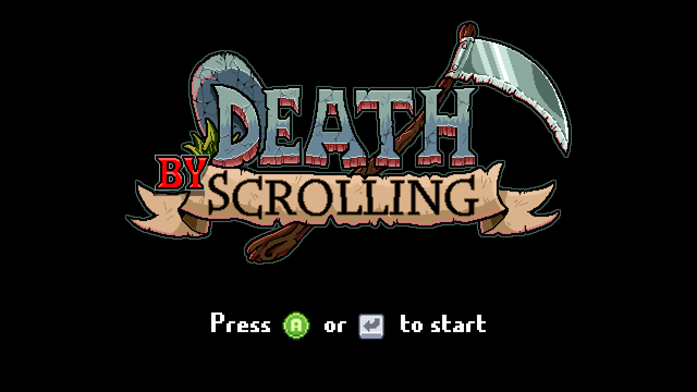 Tile screen with Death by Scrolling logo in pixel art.