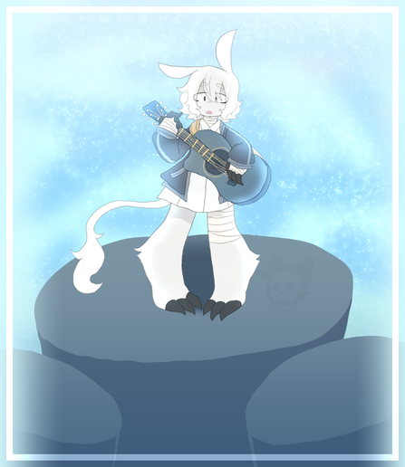 a digital drawing of a white, anthropomorphic donkey holding a dark blue guitar. he's wearing a white dress and a grey varsity jacket. there's a mildly surprised expression on his face.
he's standing on the flat end of a dark blue cylinder.
the background is light blue and sparkly as if full of stars.