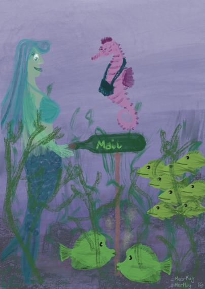 unterwasserwelt digital gemalt. ein weibliches meerwesen in grüntönen steht vor einer flasche auf einem pfosten. auf der flasche steht mail. seitlich fische. ein rosa seepferdchen schwimmt heran, es hat eine posttasche um.