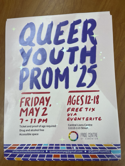 A Queer Youth Prom poster in blue and red type.