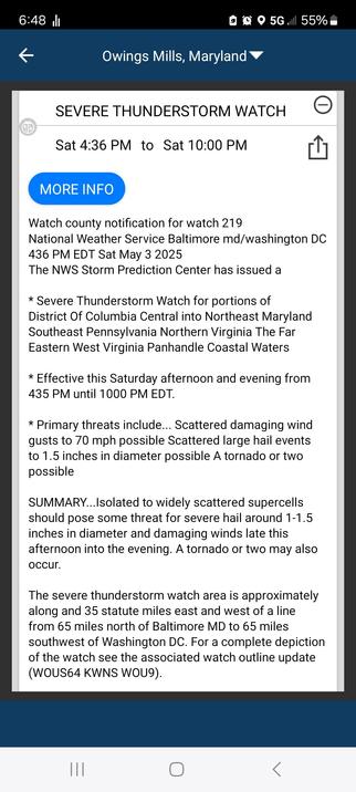 Severe thunderstorm warning from NWS for PA/MD/DC