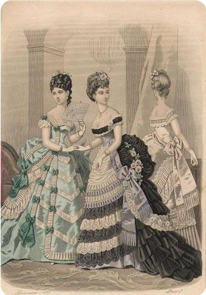 An illustration of three women in elaborate mid-19th-century evening gowns, featuring rich textures, layered skirts, and ornate trimmings. The woman on the left wears a turquoise dress with cream bows and ribbons, the center woman dons a dress with black, white, and lavender detailing, and the woman on the right is seen from the back in a pale pink or ivory gown with a large bow and bustle. They stand in a classical interior with columns and chandeliers, evoking the elegance of the Victorian era.