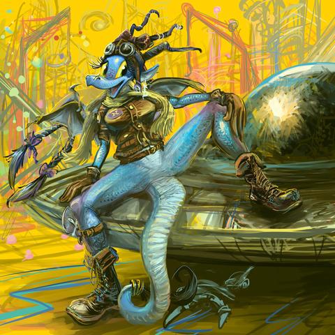 annoying blue dragon person wearing stereotyped old fashioned aviator garb without trousers and smiling stupidly while sitting uncommonly wide-legged on a stereotyped flying saucer type vehicle in front of vague yellow scaffoldy scenery