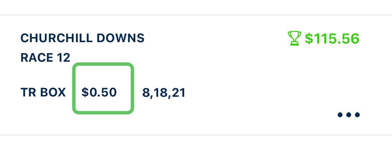 Image shows results from Churchill Downs for the KY Derby. A fifty cent exacta paid out $115.56.