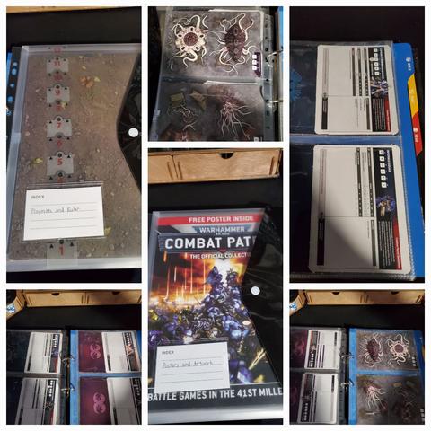 Photo collage of the posters, ruler, playmats, and datasheets in folders and cardsheets.